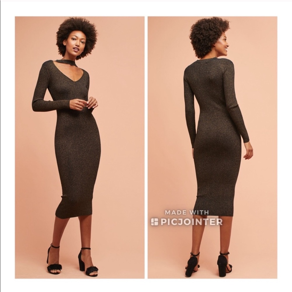 Deby Debo Black Gold Lurex Bodycon Midi Dress S Anthropologie Collar Choker